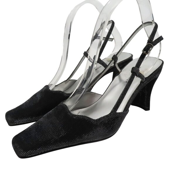 VTG Metaphor Women 9 M DAWN Black Silver Metallic Strappy Square Toe Heels Shoes - Picture 1 of 12